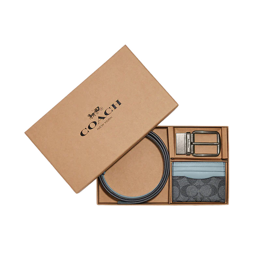 Coach Boxed Card Case And Belt Gift Set In Colorblock Signature Canvas Charcoal Powder Blue