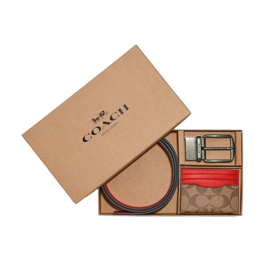 Coach Boxed Card Case And Belt Gift Set In Colorblock Signature Canvas Charcoal Powder Blue