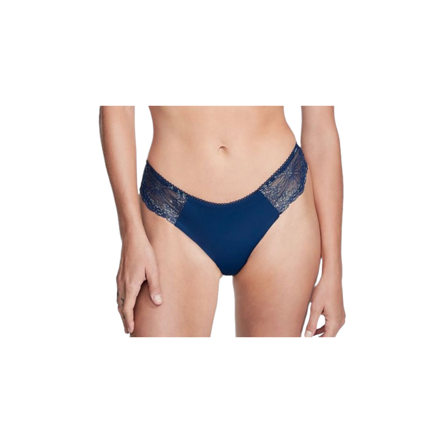 Dark blue Thong Panty with lace trim sides