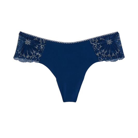 Dark blue Thong Panty with lace trim sides