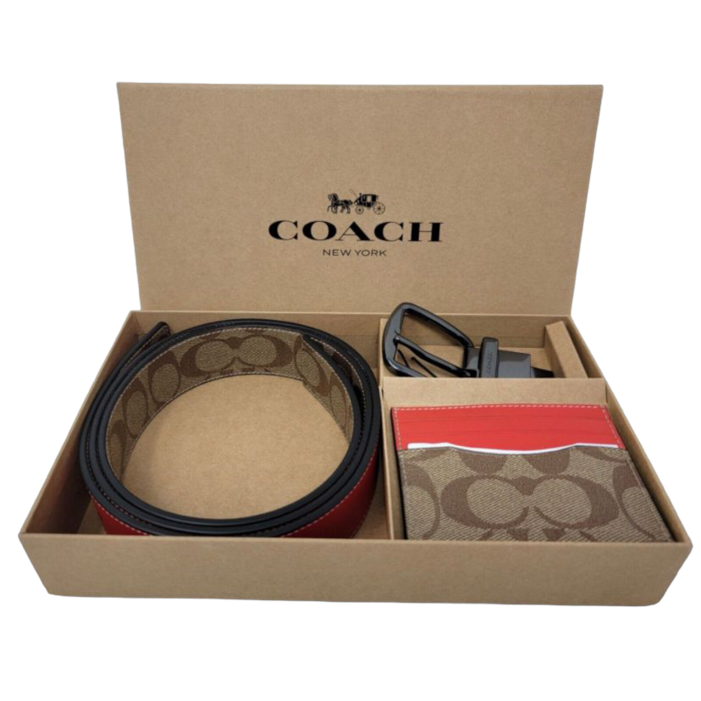 Coach Boxed Card Case And Belt Gift Set In Colorblock Signature Canvas Charcoal Powder Blue