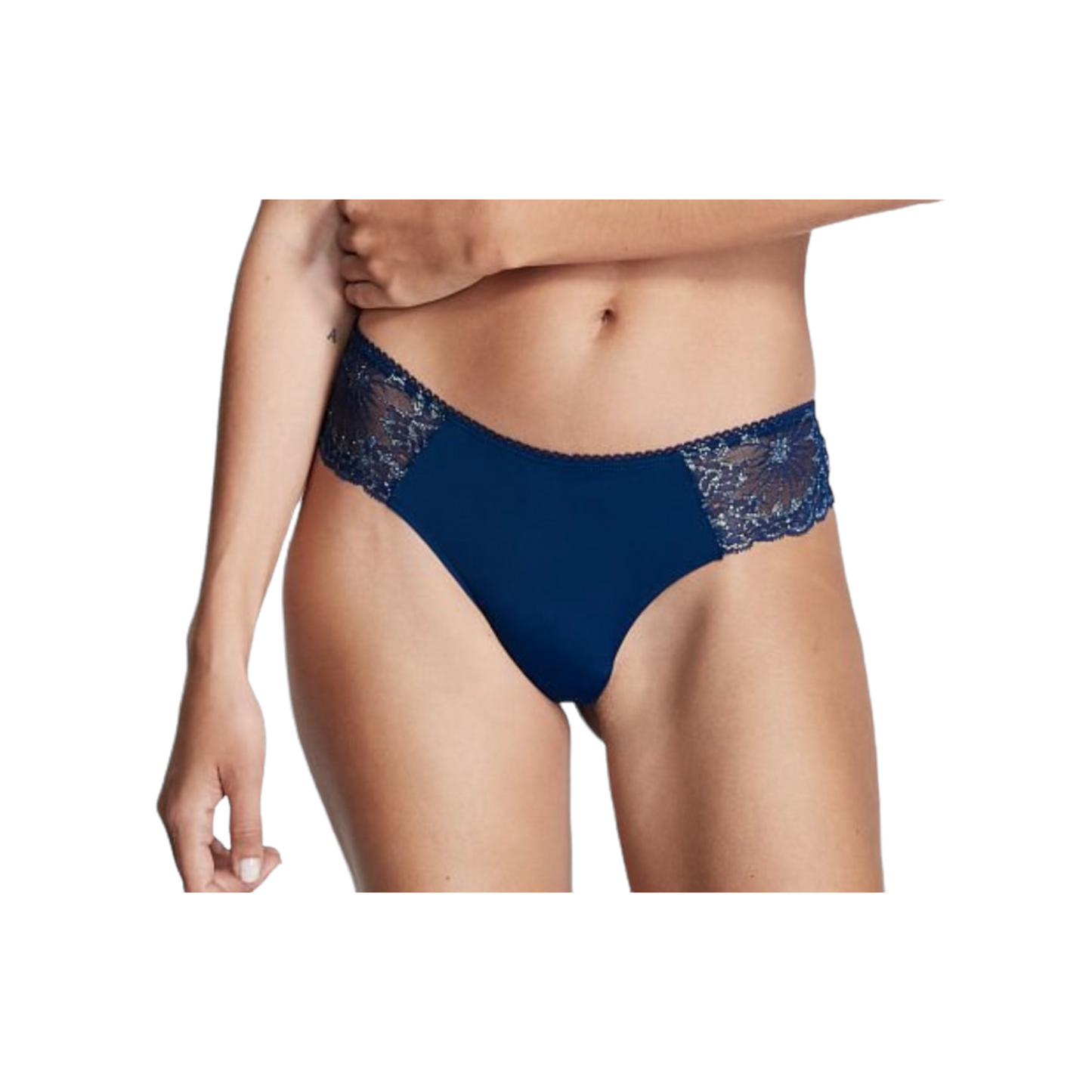 Dark blue Thong Panty with lace trim sides